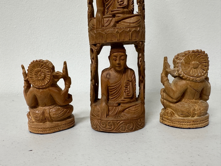 Just Added - Hand Carved Wooden Buddha Statue 12H And Pair Of Hand Carved Wooden Ganesha Statues 3H [Photo 11]
