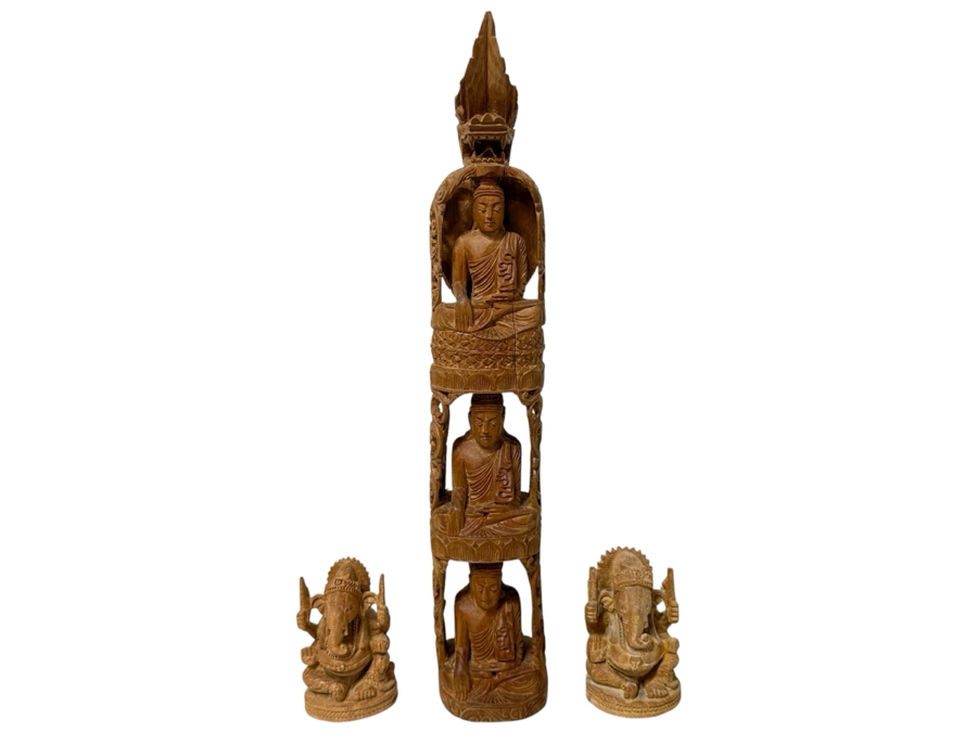 Just Added - Hand Carved Wooden Buddha Statue 12H And Pair Of Hand Carved Wooden Ganesha Statues 3H