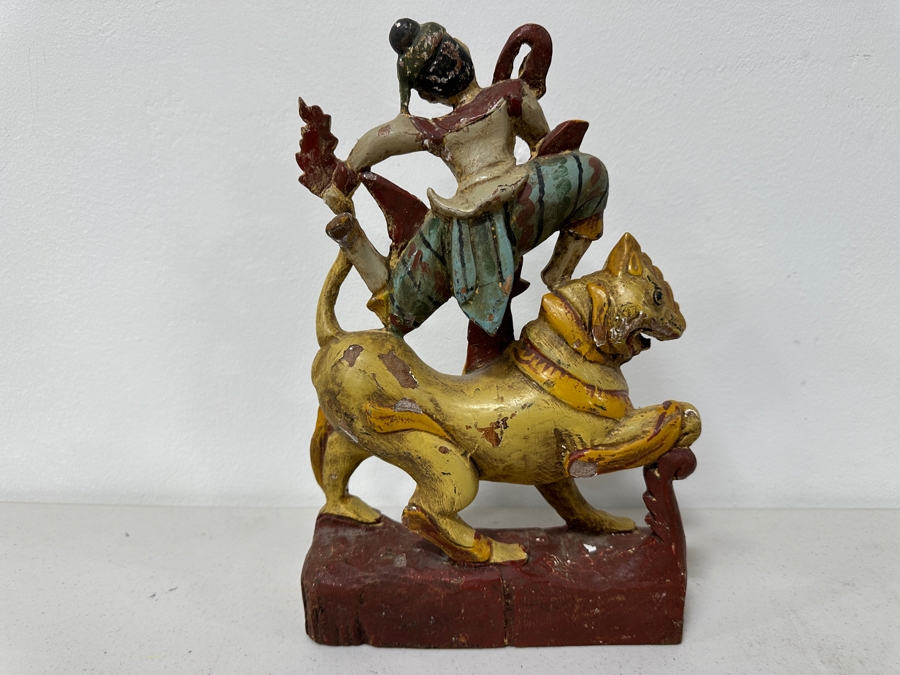 Just Added - Vintage Hand Carved Wooden Polychrome Burmese Statue Depicting A Hunter Riding A Mythical Lion 7.5W X 2.5D X 11.5H [Photo 8]