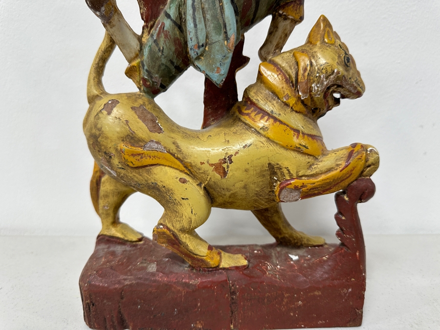 Just Added - Vintage Hand Carved Wooden Polychrome Burmese Statue Depicting A Hunter Riding A Mythical Lion 7.5W X 2.5D X 11.5H [Photo 9]