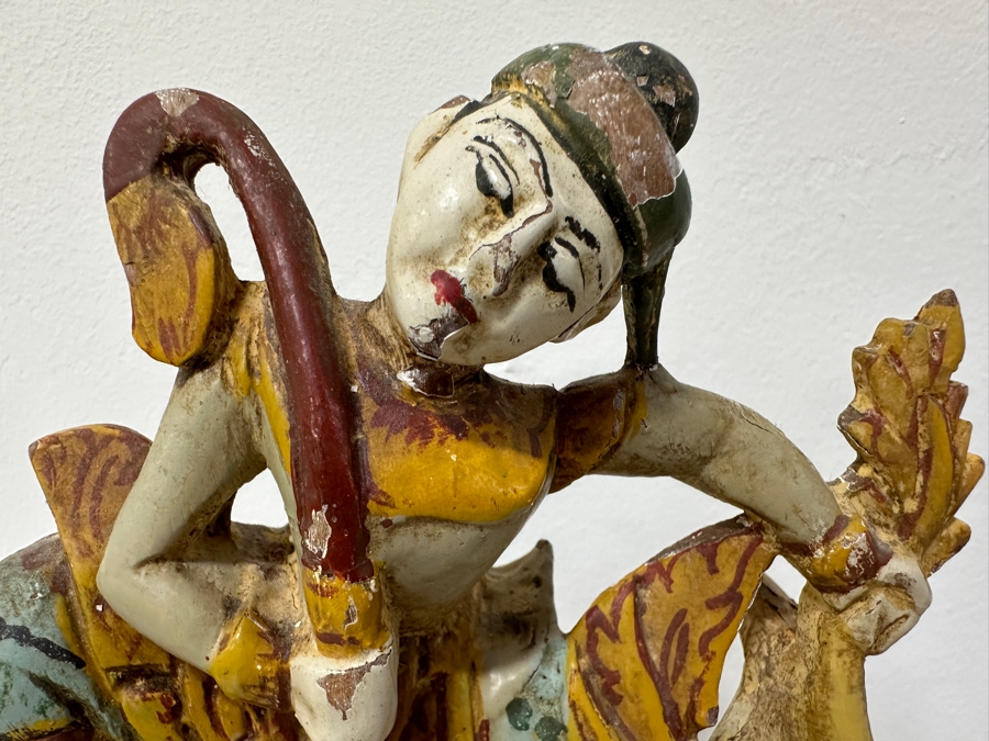 Just Added - Vintage Hand Carved Wooden Polychrome Burmese Statue Depicting A Hunter Riding A Mythical Lion 7.5W X 2.5D X 11.5H [Photo 4]