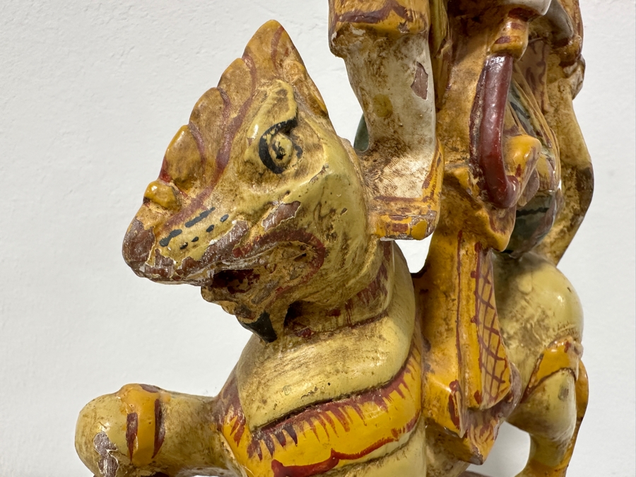 Just Added - Vintage Hand Carved Wooden Polychrome Burmese Statue Depicting A Hunter Riding A Mythical Lion 7.5W X 2.5D X 11.5H [Photo 5]