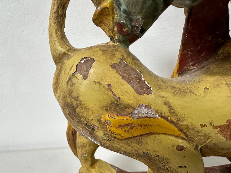 Just Added - Vintage Hand Carved Wooden Polychrome Burmese Statue Depicting A Hunter Riding A Mythical Lion 7.5W X 2.5D X 11.5H [Photo 10]