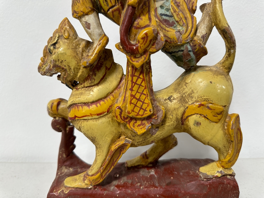 Just Added - Vintage Hand Carved Wooden Polychrome Burmese Statue Depicting A Hunter Riding A Mythical Lion 7.5W X 2.5D X 11.5H [Photo 2]