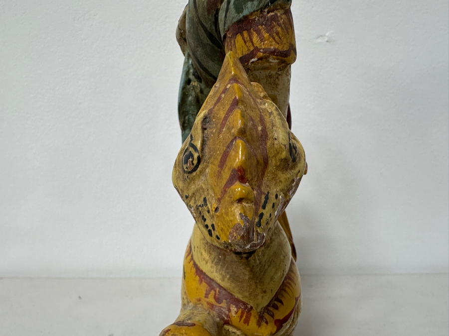 Just Added - Vintage Hand Carved Wooden Polychrome Burmese Statue Depicting A Hunter Riding A Mythical Lion 7.5W X 2.5D X 11.5H [Photo 7]