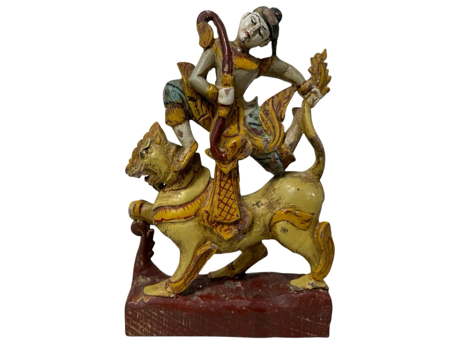 Just Added - Vintage Hand Carved Wooden Polychrome Burmese Statue Depicting A Hunter Riding A Mythical Lion 7.5W X 2.5D X 11.5H