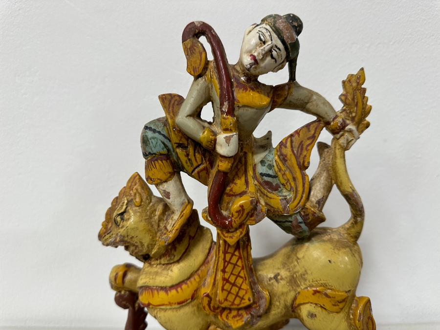Just Added - Vintage Hand Carved Wooden Polychrome Burmese Statue Depicting A Hunter Riding A Mythical Lion 7.5W X 2.5D X 11.5H [Photo 3]