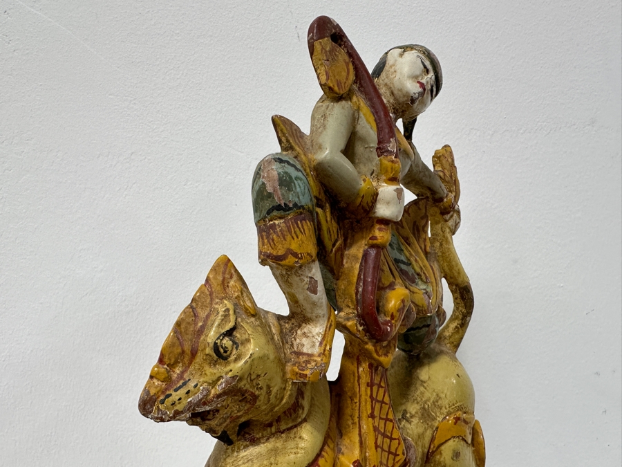 Just Added - Vintage Hand Carved Wooden Polychrome Burmese Statue Depicting A Hunter Riding A Mythical Lion 7.5W X 2.5D X 11.5H [Photo 6]