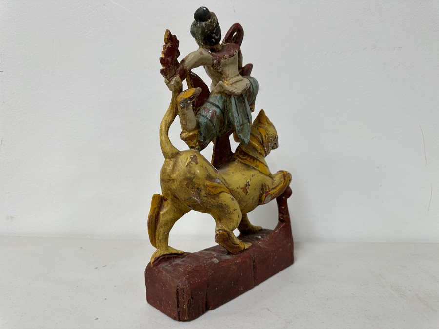 Just Added - Vintage Hand Carved Wooden Polychrome Burmese Statue Depicting A Hunter Riding A Mythical Lion 7.5W X 2.5D X 11.5H [Photo 12]