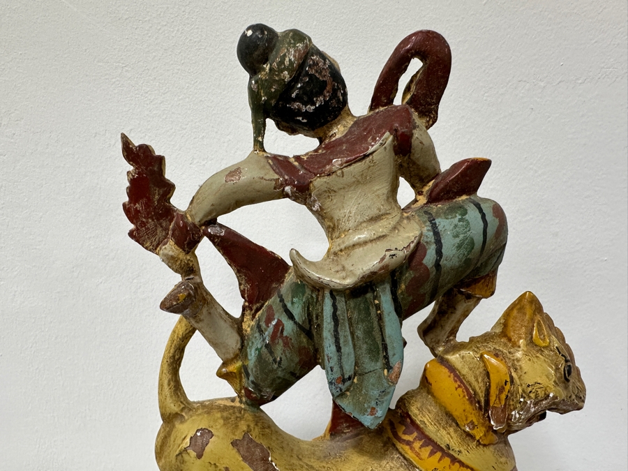Just Added - Vintage Hand Carved Wooden Polychrome Burmese Statue Depicting A Hunter Riding A Mythical Lion 7.5W X 2.5D X 11.5H [Photo 11]
