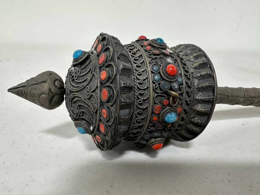 Just Added - Vintage Buddhist Tibetan Prayer Wheel With Turquoise And Coral 8.5L [Photo 3]