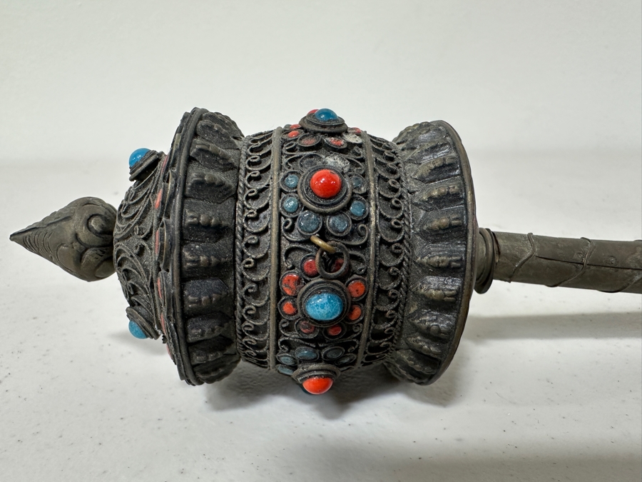 Just Added - Vintage Buddhist Tibetan Prayer Wheel With Turquoise And Coral 8.5L [Photo 2]