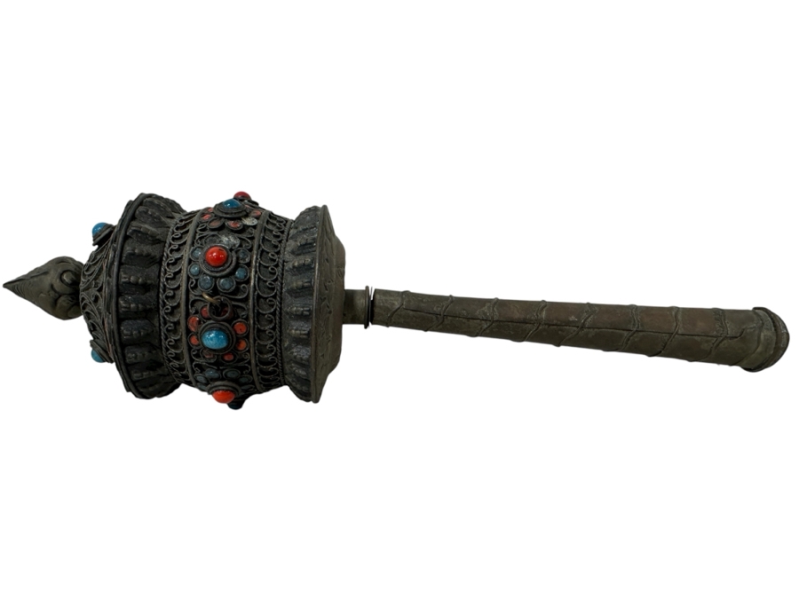 Just Added - Vintage Buddhist Tibetan Prayer Wheel With Turquoise And Coral 8.5L