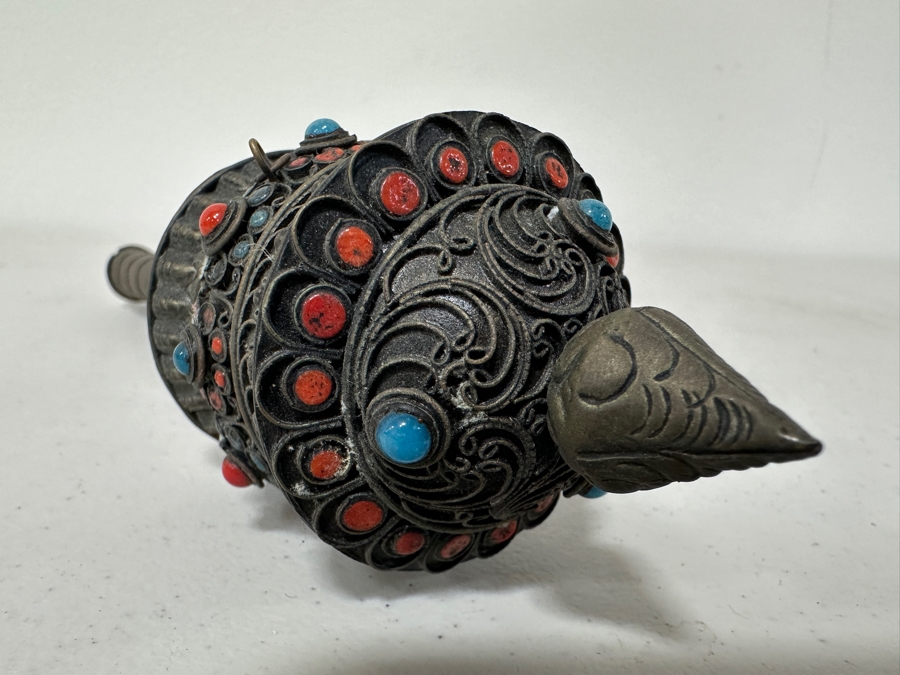 Just Added - Vintage Buddhist Tibetan Prayer Wheel With Turquoise And Coral 8.5L [Photo 6]