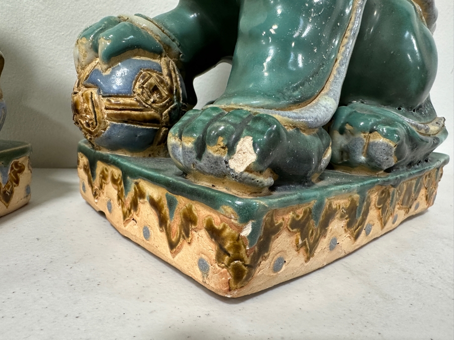 Just Added - Vintage Chinese Hand Painted Ceramic Foo Dogs - See Photos For Damage 7.5W X 5D X 10H [Photo 3]