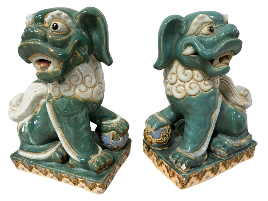 Just Added - Vintage Chinese Hand Painted Ceramic Foo Dogs - See Photos For Damage 7.5W X 5D X 10H