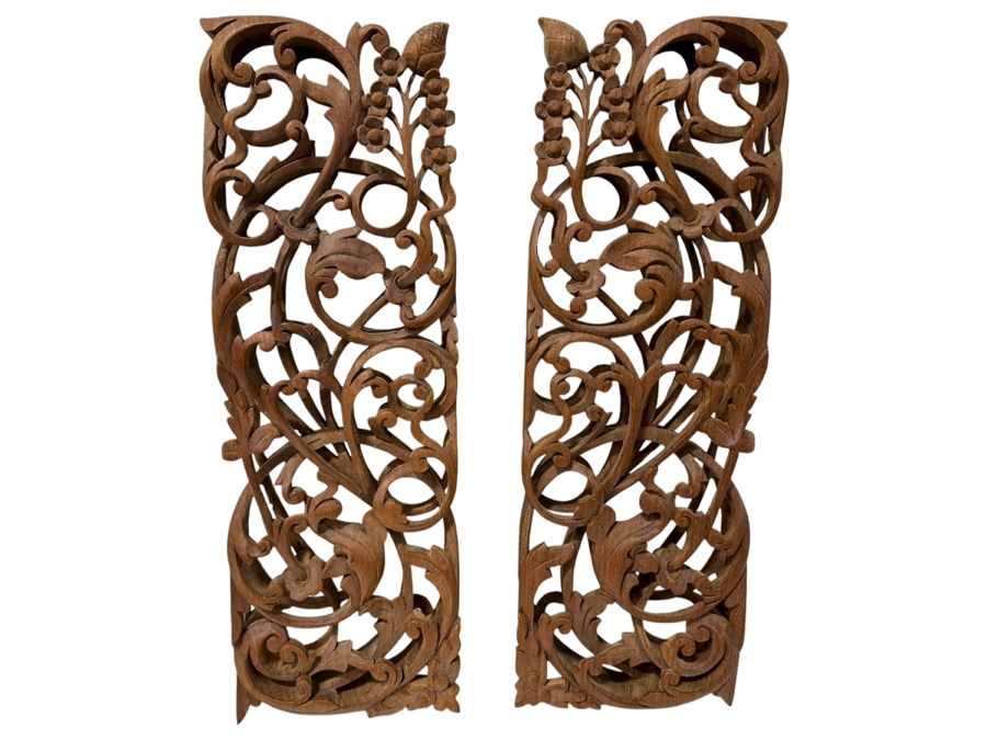 Just Added - Pair Of Relief Carved Wooden Panels 5W X 1.5D X 15H