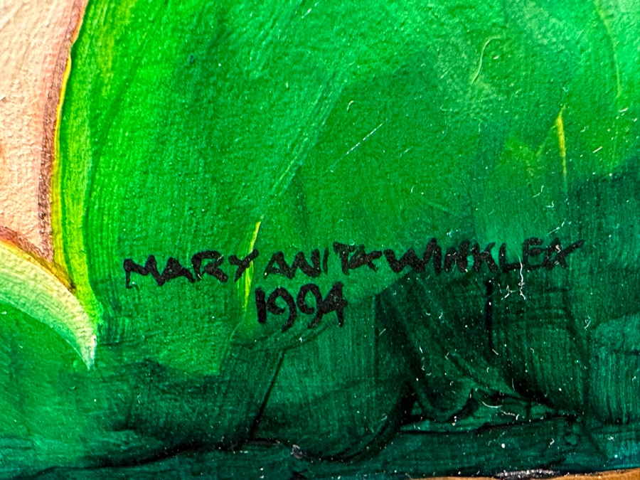 Just Added - Mary Anita Winklea Acrylic, Oil & Gold Leaf Hand Painted Wall Mirror Titled 'Love Smiles And All Of Heaven Blesses Us...' Dated 1994 42 X 32 [Photo 3]