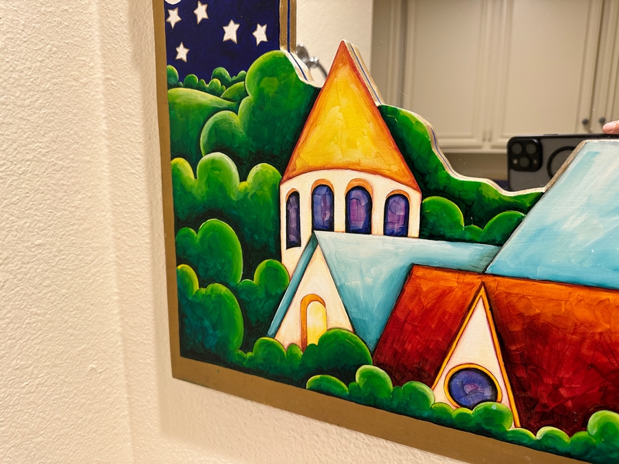 Just Added - Mary Anita Winklea Acrylic, Oil & Gold Leaf Hand Painted Wall Mirror Titled 'Love Smiles And All Of Heaven Blesses Us...' Dated 1994 42 X 32 [Photo 9]