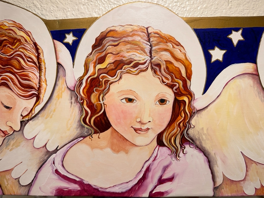 Just Added - Mary Anita Winklea Acrylic, Oil & Gold Leaf Hand Painted Wall Mirror Titled 'Love Smiles And All Of Heaven Blesses Us...' Dated 1994 42 X 32 [Photo 5]