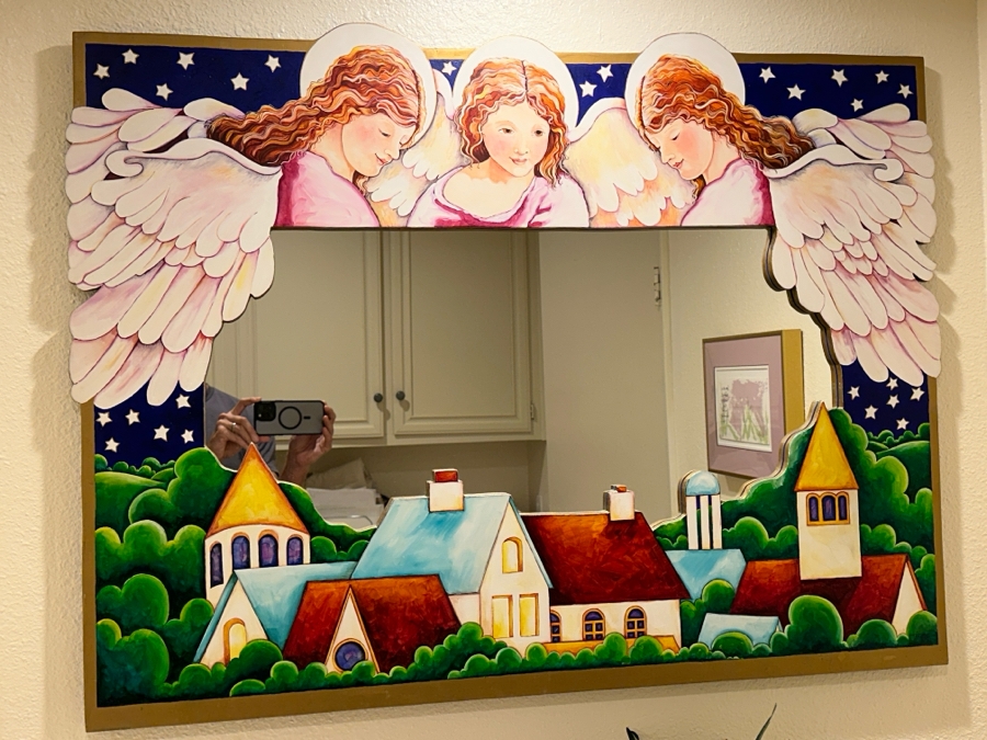 Just Added - Mary Anita Winklea Acrylic, Oil & Gold Leaf Hand Painted Wall Mirror Titled 'Love Smiles And All Of Heaven Blesses Us...' Dated 1994 42 X 32 [Photo 2]