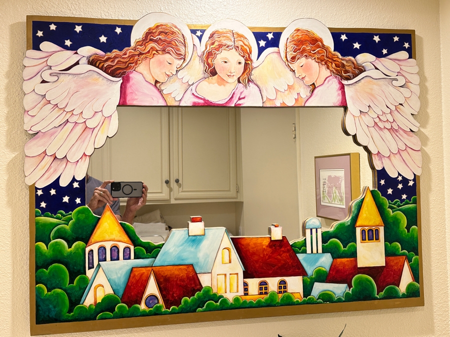 Just Added - Mary Anita Winklea Acrylic, Oil & Gold Leaf Hand Painted Wall Mirror Titled 'Love Smiles And All Of Heaven Blesses Us...' Dated 1994 42 X 32