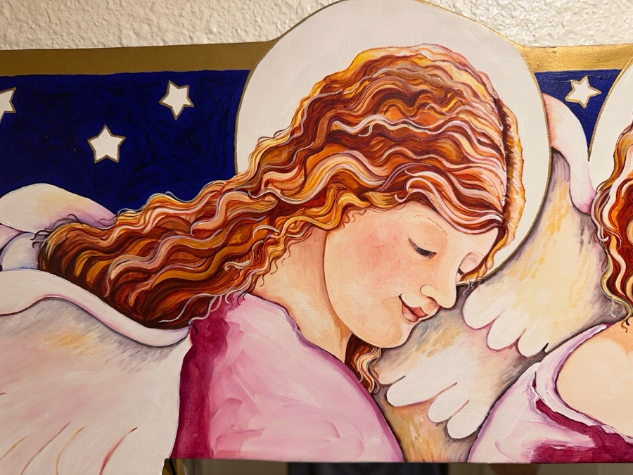 Just Added - Mary Anita Winklea Acrylic, Oil & Gold Leaf Hand Painted Wall Mirror Titled 'Love Smiles And All Of Heaven Blesses Us...' Dated 1994 42 X 32 [Photo 6]