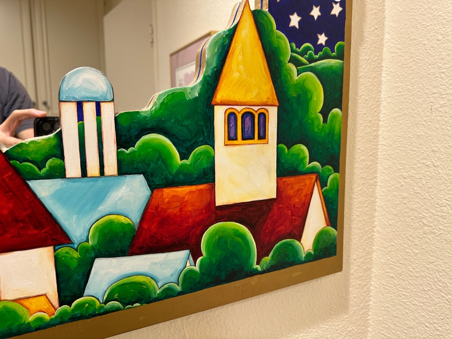 Just Added - Mary Anita Winklea Acrylic, Oil & Gold Leaf Hand Painted Wall Mirror Titled 'Love Smiles And All Of Heaven Blesses Us...' Dated 1994 42 X 32 [Photo 8]