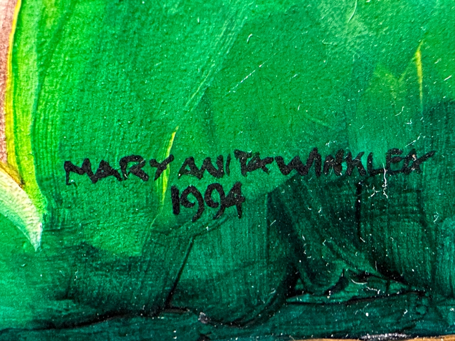 Just Added - Mary Anita Winklea Acrylic, Oil & Gold Leaf Hand Painted Wall Mirror Titled 'Love Smiles And All Of Heaven Blesses Us...' Dated 1994 42 X 32 [Photo 4]