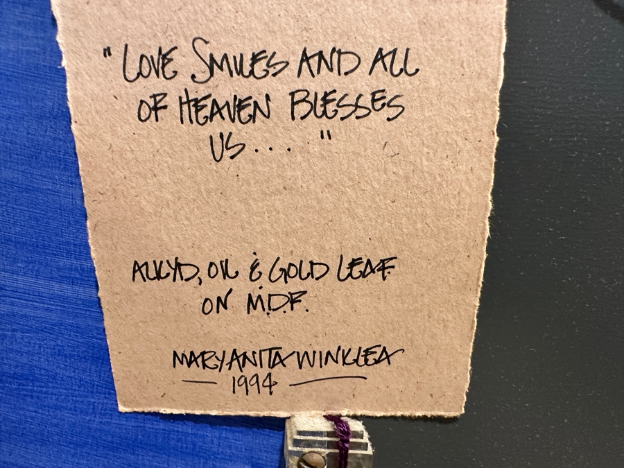 Just Added - Mary Anita Winklea Acrylic, Oil & Gold Leaf Hand Painted Wall Mirror Titled 'Love Smiles And All Of Heaven Blesses Us...' Dated 1994 42 X 32 [Photo 10]