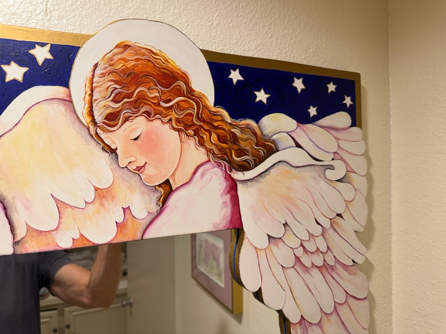 Just Added - Mary Anita Winklea Acrylic, Oil & Gold Leaf Hand Painted Wall Mirror Titled 'Love Smiles And All Of Heaven Blesses Us...' Dated 1994 42 X 32 [Photo 7]