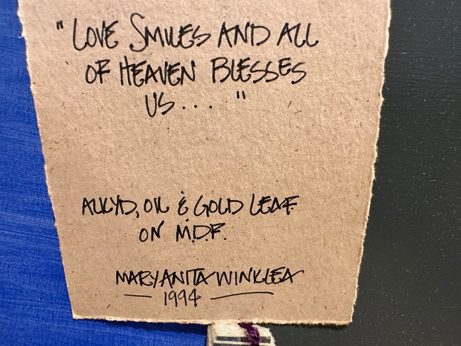 Just Added - Mary Anita Winklea Acrylic, Oil & Gold Leaf Hand Painted Wall Mirror Titled 'Love Smiles And All Of Heaven Blesses Us...' Dated 1994 42 X 32 [Photo 11]
