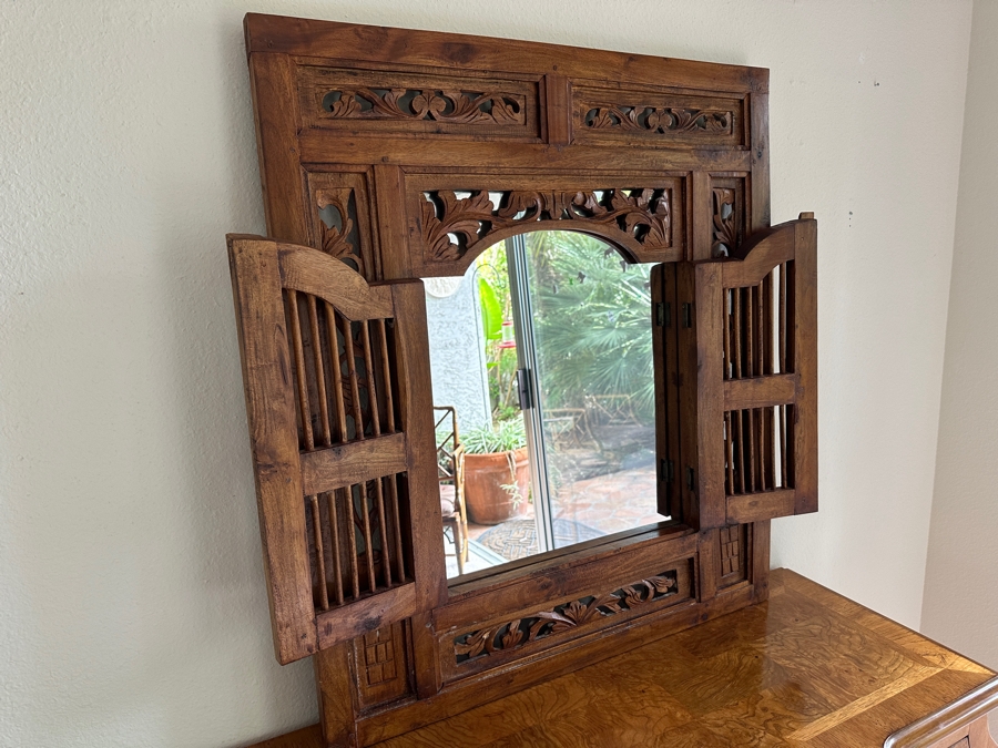 Just Added - Hand Carved Teakwood Mirror With Shutters 31W X 36H
