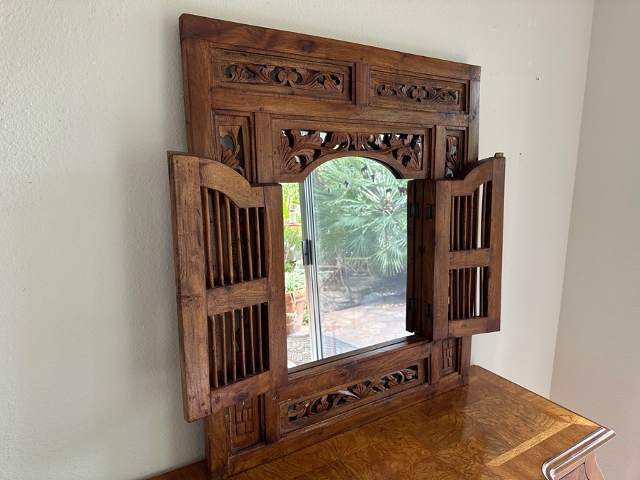 Just Added - Hand Carved Teakwood Mirror With Shutters 31W X 36H [Photo 2]