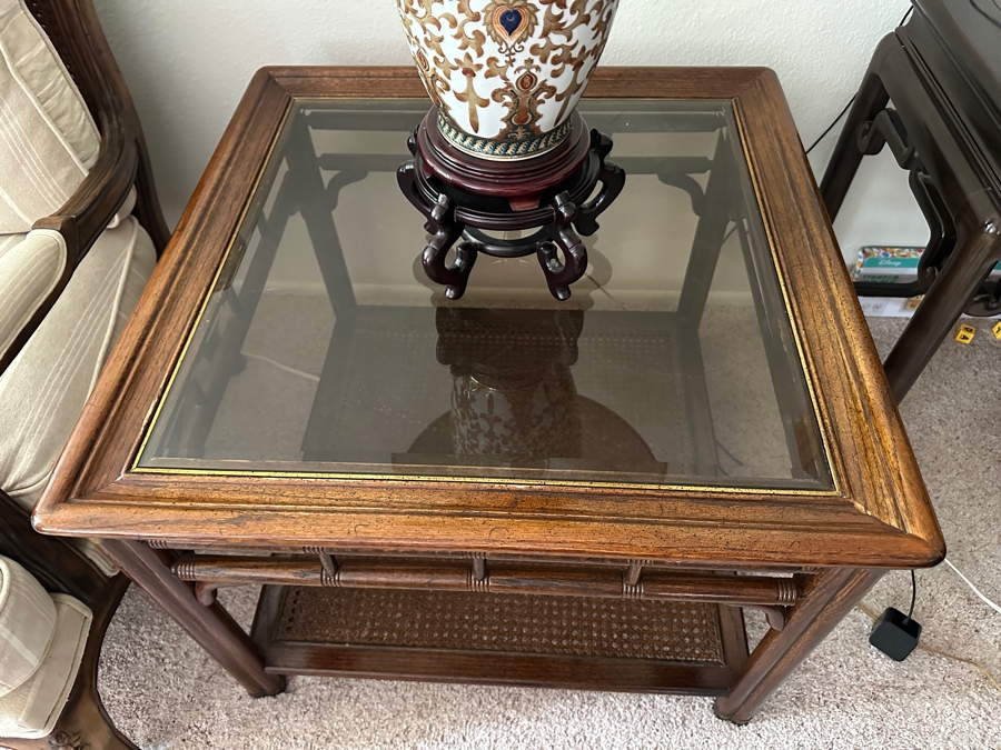 Cane and Wooden Side Table with Glass Inlay 28'W x 28'D x 22'H [Photo 4]
