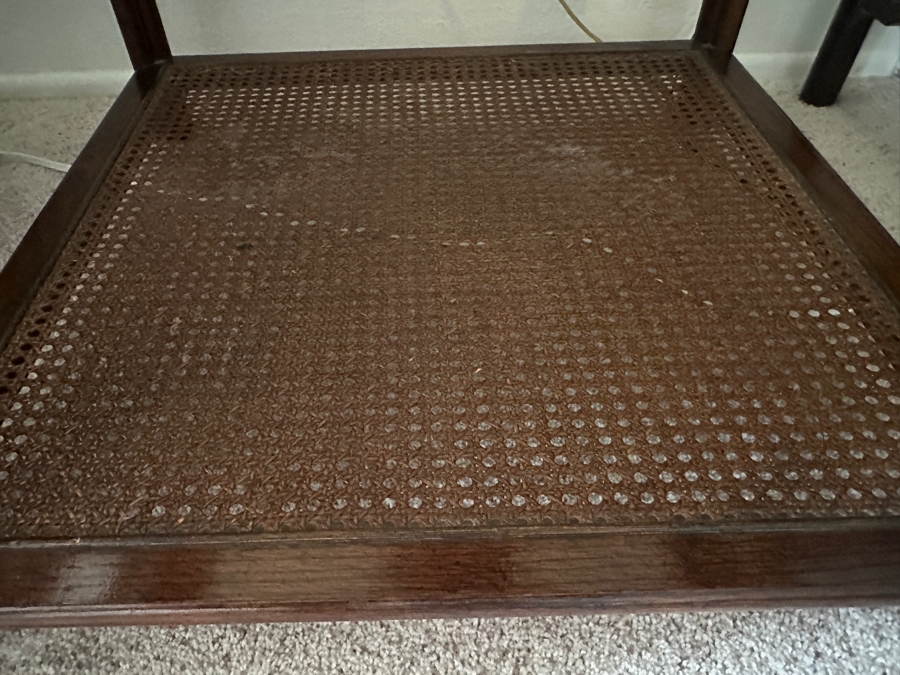 Cane and Wooden Side Table with Glass Inlay 28'W x 28'D x 22'H [Photo 8]