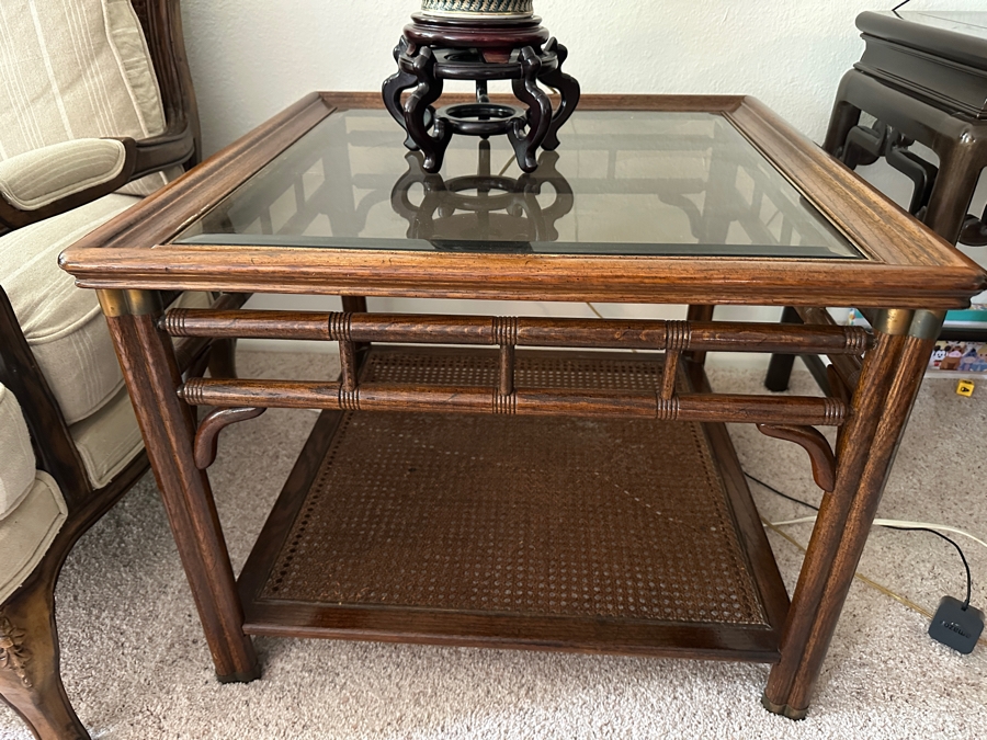 Cane and Wooden Side Table with Glass Inlay 28'W x 28'D x 22'H