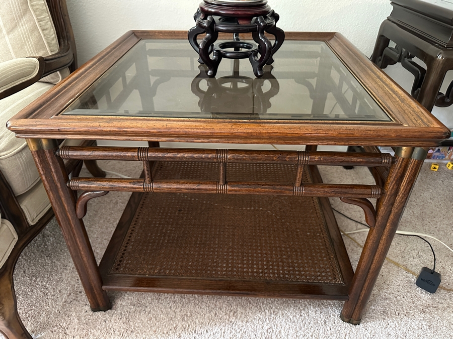 Cane and Wooden Side Table with Glass Inlay 28'W x 28'D x 22'H [Photo 2]