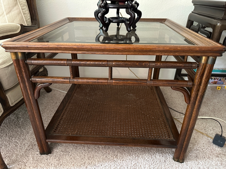 Cane and Wooden Side Table with Glass Inlay 28'W x 28'D x 22'H [Photo 3]