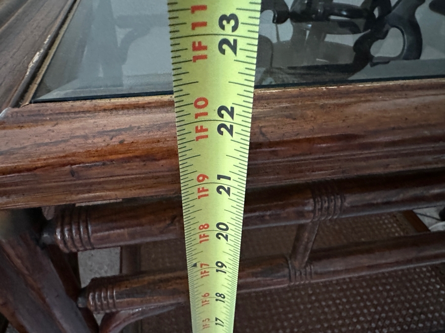 Cane and Wooden Side Table with Glass Inlay 28'W x 28'D x 22'H [Photo 7]