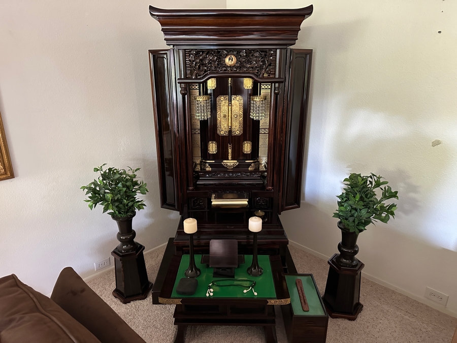 Japanese Butsudan Buddhist Altar 39W X 28D X 70H With Vases And Accessories - See Photos - Estimate $5,000+