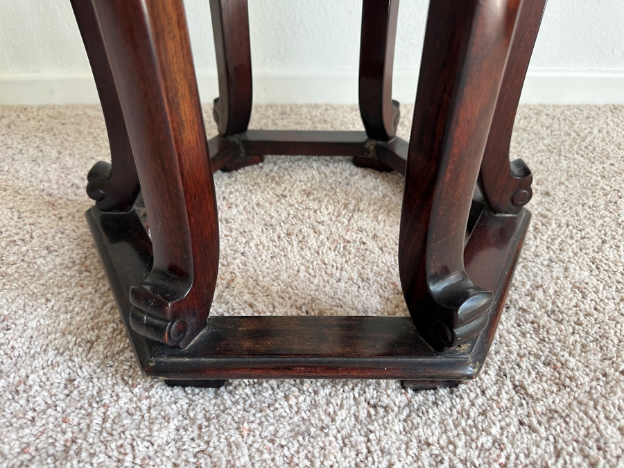 Just Added - Vintage Chinese Carved Rosewood Plant Stand Table With Marble Inset Top 14.5W X 32.5H [Photo 7]