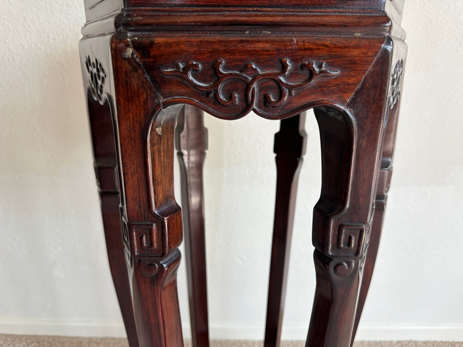 Just Added - Vintage Chinese Carved Rosewood Plant Stand Table With Marble Inset Top 14.5W X 32.5H [Photo 3]