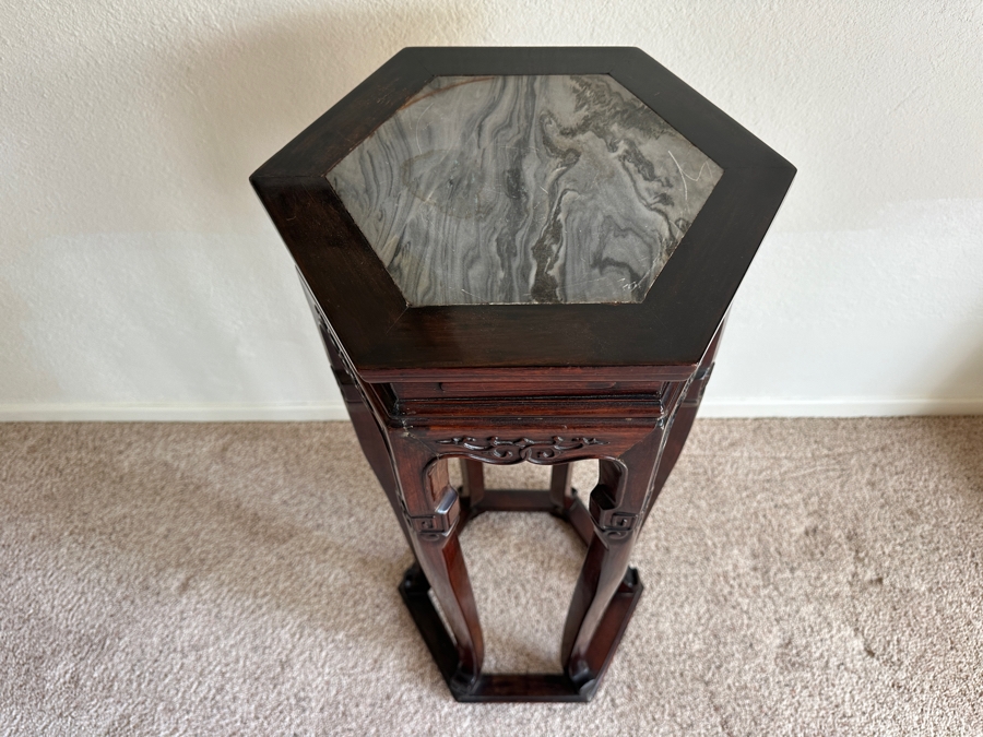 Just Added - Vintage Chinese Carved Rosewood Plant Stand Table With Marble Inset Top 14.5W X 32.5H [Photo 5]