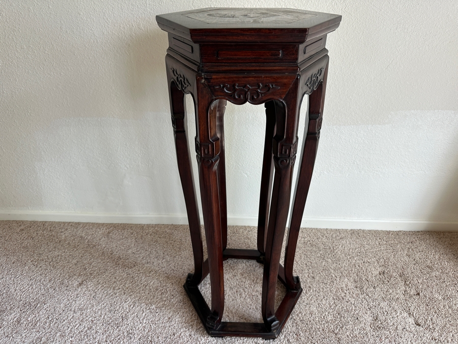Just Added - Vintage Chinese Carved Rosewood Plant Stand Table With Marble Inset Top 14.5W X 32.5H