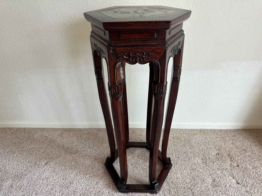 Just Added - Vintage Chinese Carved Rosewood Plant Stand Table With Marble Inset Top 14.5W X 32.5H [Photo 2]