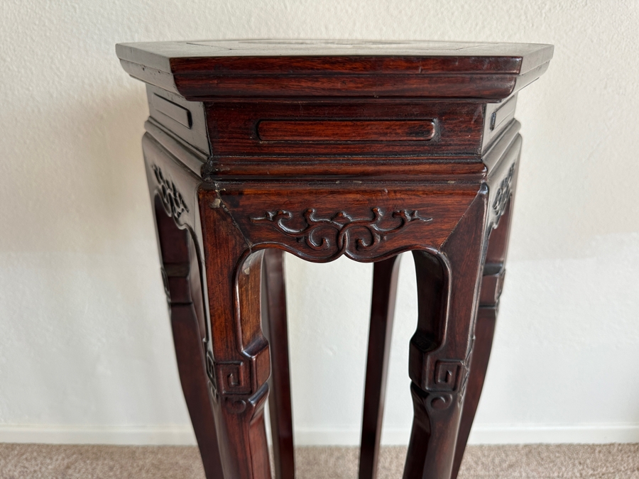 Just Added - Vintage Chinese Carved Rosewood Plant Stand Table With Marble Inset Top 14.5W X 32.5H [Photo 4]