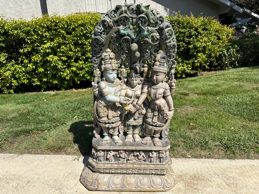 Intricately Carved Polychrome Hindu Temple Carving Statue Of Hindu Deity Shiva Parvati Kalyanam 33W X 12D X 56.5H Retails $29,000