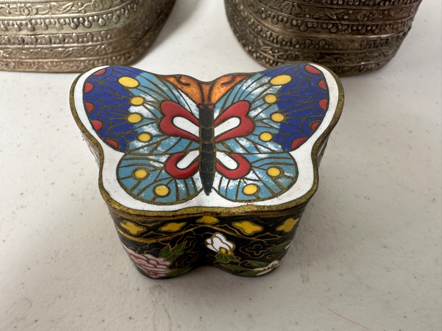 (2) Chinese Porcelain Topped Boxes and (1) Chinese Cloisonné Butterfly Box [Photo 3]