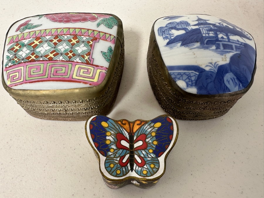 (2) Chinese Porcelain Topped Boxes and (1) Chinese Cloisonné Butterfly Box [Photo 2]